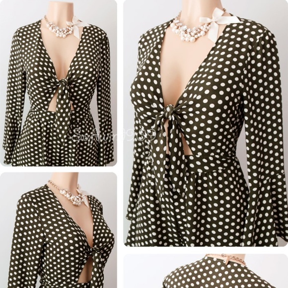 Last☝️Olive Khaki Polka Dot Tie Front Retro Romper - Picture 3 of 8